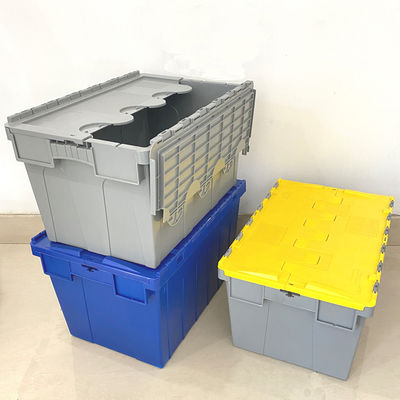 खरीदें Plastic Crate With Lid Heavy Duty Cheap Plastic Moving Boxes Storage Stackable Attached Lid Container ऑनलाइन निर्माण